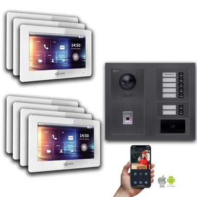 Produktbild von Goliath IP Video Türsprechanlage: 7-Zoll 7 Familienhaus, Fingerprint, RFID, Anthrazit : 7 Zoll Weiß : Aufputz Dose Monitor Farbe: 7 Zoll Weiß Montage: Aufputz Dose