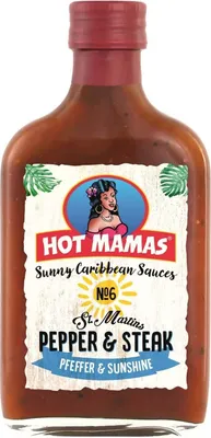 Produktbild von HOT MAMAS Sunny Caribbean Sauces Pepper and Steak in der Flasche 195g