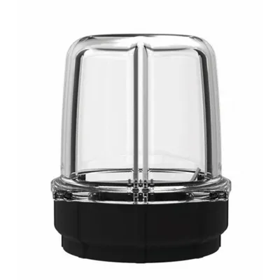 A clear studio shot of a blender cup with a black base.