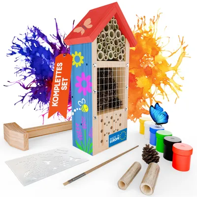 Produktbild von Eli® Insektenhotel Bausatz für Kinder aus Kiefernholz zum Bemalen – inkl. 6 Farben - Pinsel - Holzhammer - Schablonen & Vorlagen – DIY Bienenhaus