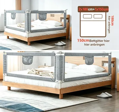 Produktbild von 3 Seiten Bettgitter Rausfallschutz 2x180cm+1x150cm,Höhenverstellbar 72-105cm,Bettschutzgitter Rausfallschutz Bett für 1,5M Kinder & Elternbetten