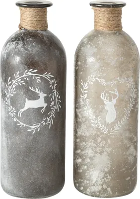 Produktbild von Vase Flaschenvase Hirsch mit Sisalband Glas grau Landhausstil Flasche Tischvasen 21x7 cm 2er Set