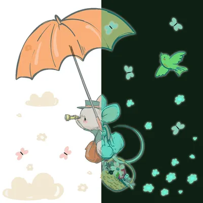 Produktbild von Leuchtsticker – Maus mit Regenschirm – Fluoreszierender Wand-/Deckensticker für Kinder – 190 x 120 cm