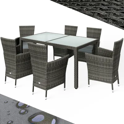 Produktbild von CASARIA® Gartenmöbel Polyrattan 6 Stühle Stapelbar 150x90cm Gartentisch Glas Wetterfest Outdoor Modern Terrasse Sitzgruppe Essgruppe Garnitur Set, Farbe:Grau