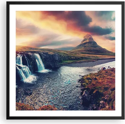 Produktbild von Gerahmtes Poster - Schwarzer Rahmen - Wasserfall Himmel Berg - 60x60 cm - Wand Bild - Wanddeko - Wandbilder - Kunstposter - Wandposter - Bilderrahmen - Bilder - Kunstdruck - P2BAC60x60-5111