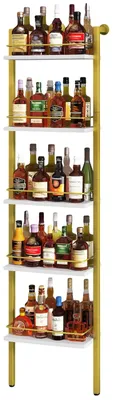 Produktbild von Weinregal Flaschenregal Weinständer - Freistehend - 5 Ebenen - 43 x 20 x 177 cm - Weiß mit Gold - Für Küche und Esszimmer