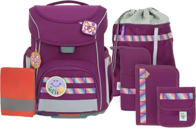 A collection of purple school bags and accessories with rainbow accents, displayed against a white background.