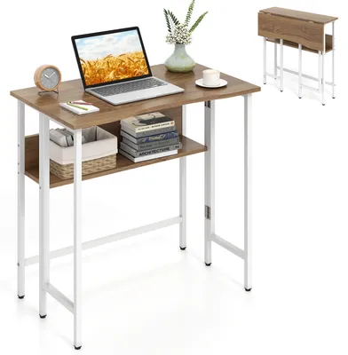 Produktbild von COSTWAY Schreibtisch klappbar mit Ablagefach,Klappschreibtisch mit Metallgestell, Kippschutz&verstellbaren Füßen,Computertisch,Arbeitstisch 80x47x76cm