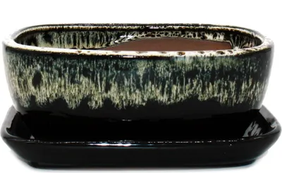 Produktbild von Bonsai-Schale mit Unterteller Gr. 3 Schwarz-Weiss rechteckig Modell GB5 L 21,5cm B 17cm H 8cm
