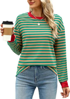 Produktbild von ASKSA Damen T-Shirt Rundhals Langarm Shirts Gestreift Basic Elegant Casual Lose Frauen Tunika Oberteile (Khaki,2XL)