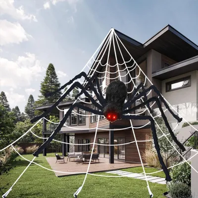 Produktbild von Halloween Deko Set riesige Spinne 200cm+3,6 m Spinnennetz, Geruseliges Hallloween Garten Aussen Dekoration Halloween Requisiten