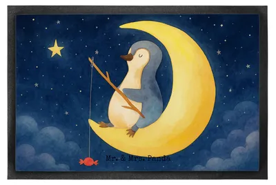 Produktbild von Mr. & Mrs. Panda Schmutzfangmatte Pinguin Mond Design 60 x 90 cm - Weiß - Geschenk, Spruch, schlafen, Fußabtreter, Angel, Fussmatte, fußmatte, Erschöpft, Türvorleger