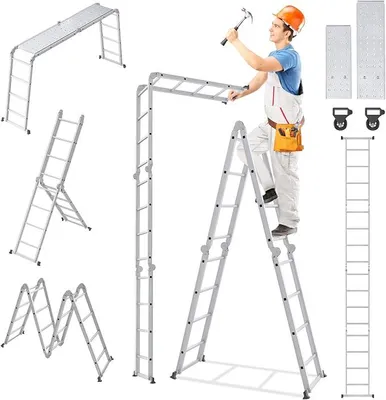 Imagen del producto de Escalera multifuncional de aluminio, 6 en 1. Escalera de uso múltiple, escalera plegable multifuncional, escalera de pie, escalera extensible. Capacidad de hasta 150 kg, con plataforma de trabajo y andamio. Modelo de 4 escalones, color plateado