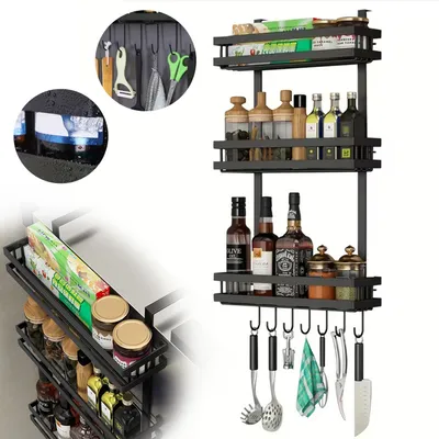 Produktbild von Hängeregal Küchenregal für Kühlschrank, Aufbewahrung von Gewürzen, mit Küchenreling und 7 Haken