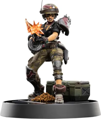 A detailed figurine of a female character from the video game Borderlands 3, depicted in a dynamic pose with a weapon and ammunition.