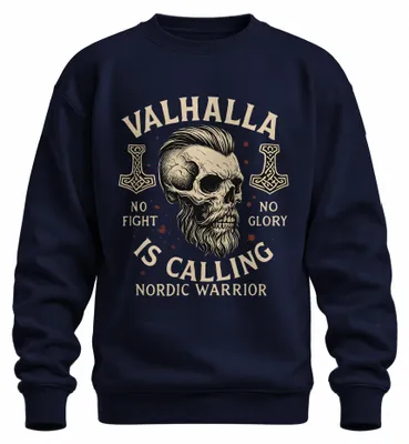 Obrázok produktu pre Valhalla is Calling Viking Warrior Skull Runehammer Nordic Uni mikina, námorná farba, 3XL