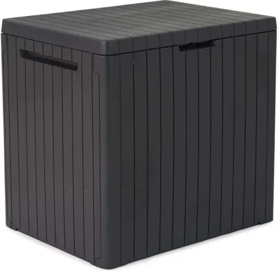 A dark gray plastic storage box with a slatted lid and vertical ribbed sides.