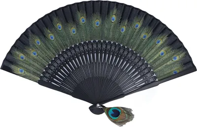 Produktbild von Faltfächer, schwarze Knochen, wunderschönes Pfauenmuster, antike Bambushand, für Performance, Kleidung, Dekoration, Geschenk