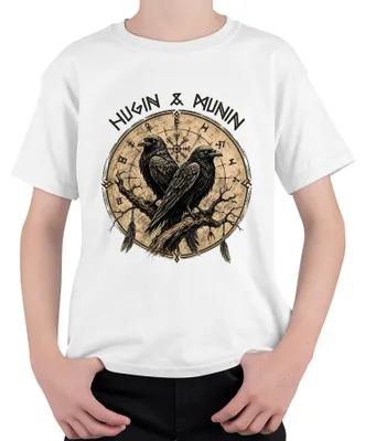 Immagine prodotto di Maglietta per bambini, bianca, con immagini di vichinghi, corvi di Odino (Huginn e Muninn), simbolo Vegvisir e riferimenti alla mitologia nordica, taglia 128