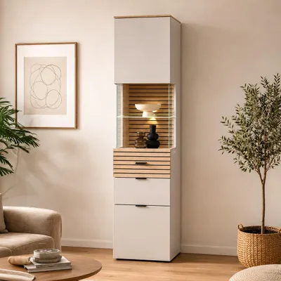 Produktbild von Wohnzimmer Vitrine mit LED Beleuchtung, 45 cm breit, in Kaschmir Beige mit Eiche, 2 Türen & 1 Schublade, Softclose, Lamellenoptik - ISCHIA-36