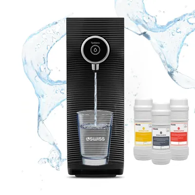 Produktbild von 4SWISS Wasserfilter System - Entfernt Bakterien, Schwermetalle, Mikroplastik, Einfache Installation, Hervorragender Geschmack, Mit 3 Filtern, Schwarz