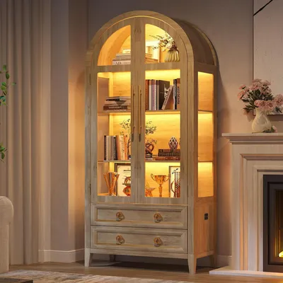 Image de Vitrine éclairée par LED, 180 cm de hauteur, 4 étagères, 2 tiroirs, 3 couleurs de lumière, en bois et en verre