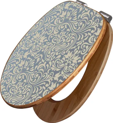 A toilet seat made of bamboo with a blue ornamental pattern.