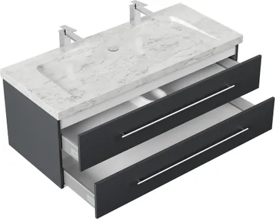 Produktbild von Badmöbel Marmor Carrara White YAMO 130 cm 2 Hahnlöcher SoftClose weiß hochglanz