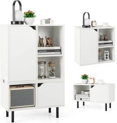 A collage of images showing a white modular bookshelf with black legs, displayed in different configurations and angles.