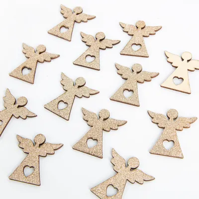 Produktbild von 12 kleine Mini Engel aus Holz goldfarben Weihnachten 4 cm