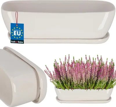 Produktbild von KOTARBAU® Keramik Blumenkasten mit Untersetzer 40x13x13cm Weiß Pflanzkübel Blumenkasten Pflanzentopf Übertopf Blumenkasten Balkon Pflanze Töpfe Blumenkübel Pflanztopf Kräutertopf Fensterbank