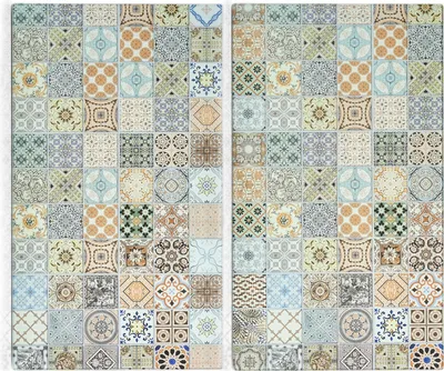 A collage of square tiles with mosaic patterns.