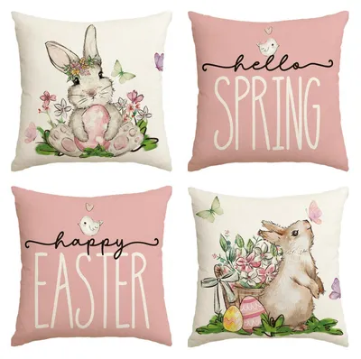 Image de Ensemble de 4 housses de coussin, 40x40 cm, motif floral rose avec des papillons, des œufs de Pâques et des lapins, en polyester