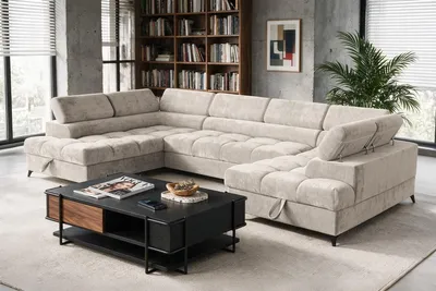 Produktbild von Sofiland Beviano Wohnlandschaft U-Form Schlaffunktion 345X202 Cm Chenille Beige