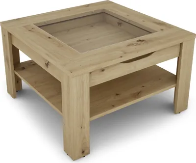 A square coffee table with a glass inlay and a lower shelf, shown from a three-quarter angle against a white background.