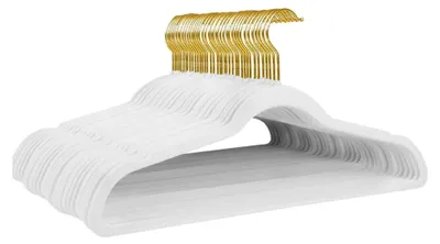 Produktbild von Samt-Kleiderbügel, 44 x 22 cm, rutschfeste Kleiderbügel mit Schulterkerben, für Erwachsene, Weiß – goldfarbener Haken, 36 Stück