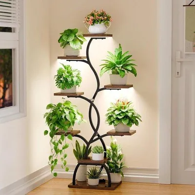 Productafbeelding van Plantenstandaard - Bloemenrek - Planten Binnen - Met Groeilicht - 8 Niveaus 125cm - Zwart