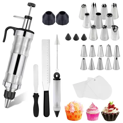 Produktbild von Edelstahl Garnierspritze - 34-teiliges Dekorier-Set mit Tüllen - Backwerkzeug für Kuchen Cupcakes und Gebäck
