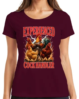 Productafbeelding van Ervaren kippenhouder Huhn Hahn Bauer - Statement T-shirt voor dames, bordeauxrood, maat XXL