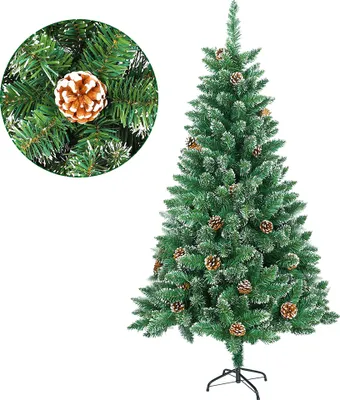 Productafbeelding van LZQ Kunstkerstboom, 180 cm, dennenboom met roestvrijstalen voet, inclusief sneeuw en dennenappels voor kerstdecoratie