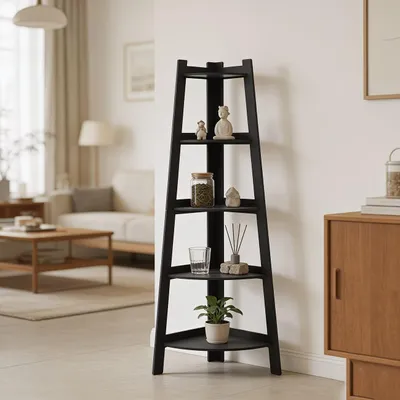 Produktbild von Eckregal, Bücherregal, mit 5 Ebenen, H: 106cm, mit Stahlrahmen, schwarz