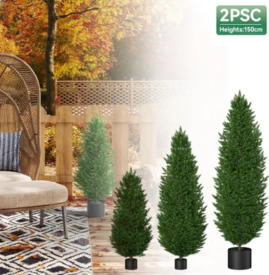 Image de LARS360 Set de 2 Cèdres artificiels 150cm en pot - Plante de cyprès & buis, plantes artificielles résistantes aux UV pour intérieur & extérieur