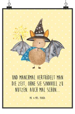 Produktbild von Mr. & Mrs. Panda Bild Fledermaus Zauberer DIN A5 - Gelb Pastell - Geschenk, Kunstdruck, Lustige Sprüche, wanddeko, Fledermäuse, poster, Wandbild, Frauen, Magier, drucke