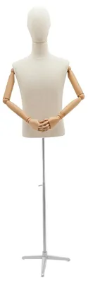 Image de Mannequin masculin – Torse pour vitrine – Hauteur réglable de 134 à 193 cm – Pied métallique – Revêtement en lin – Corps en bois – Couleur : Lin argenté