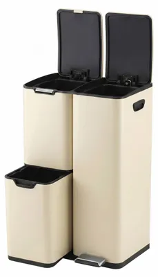 Image de Poubelle Relaxdays, 3 compartiments, 60 l, seaux intérieurs amovibles, fermeture douce, pédale, acier inoxydable, poubelle de cuisine à tri sélectif, beige