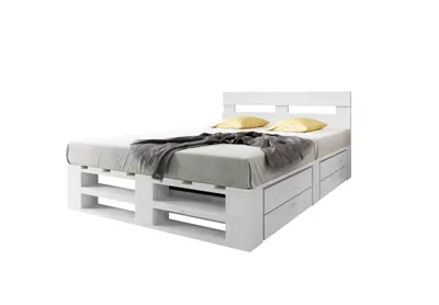 Produktbild von Lermowood Palettenbett M2 200 x 200 cm mit Kopfteil und 2 Bettkästen Weiß Holzbett Massivholzbett Bett aus Paletten Seniorenbett Kinderbett Jugendbett
