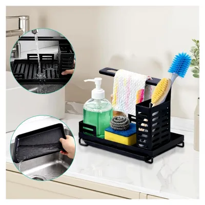 Produktbild von Spülbecken Organizer, Küchen Organizer mit Abflusspfanne für Küchenzubehör Schwamm/Bürste/Spülseife Schwarz