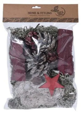 Obrázek produktu pro Balíček dekorací, sušený mech, kůra a šišky, červená