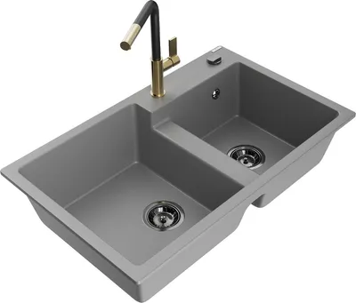 Produktbild von Mexen Tomas 2-Becken-Granitspüle mit Mischbatterie Flora, Grau - 6516-71-670401-57-B