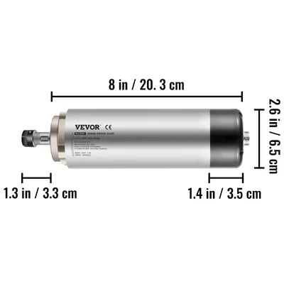 A silver spindle motor with dimensions indicated by measurement lines and text.